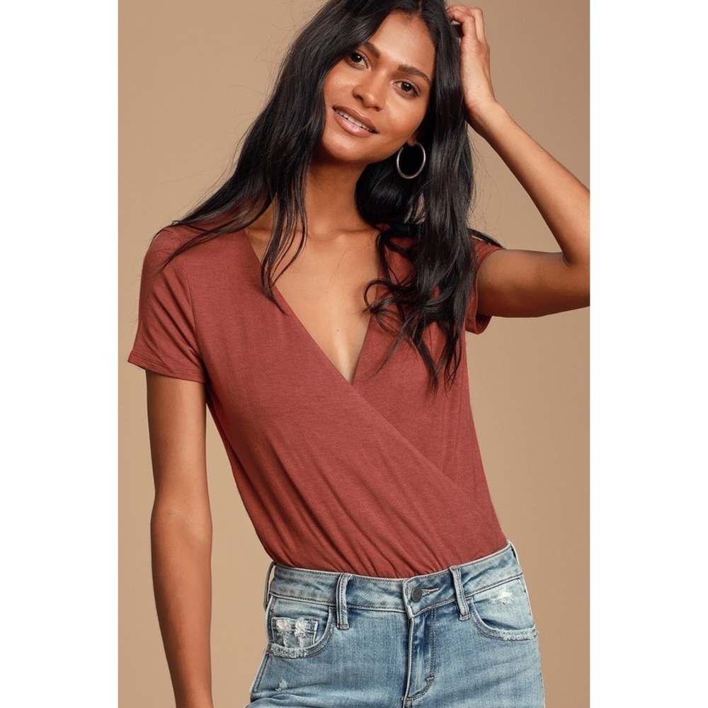 Lulus Marren Rust Red Short Sleeve Surplice Bodysuit - Size XS